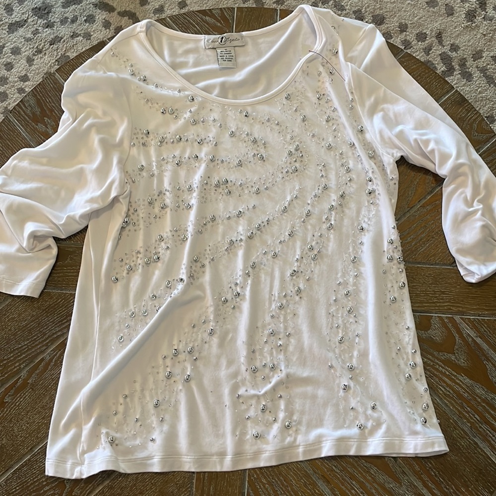 Once Again brand white top with silver beads, Size Medium.